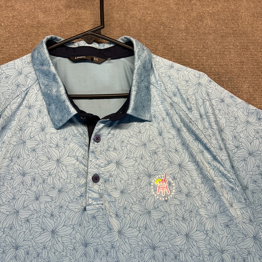 Barstool Sports UNRL Performance Polo Shirt Mens 2XL Blue Floral Drink Lime Logo